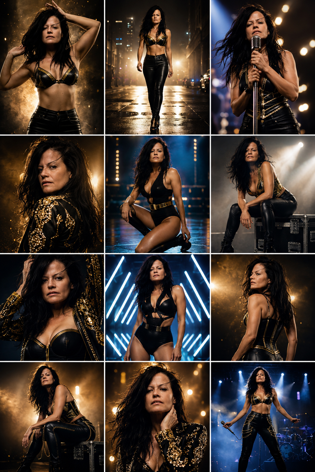 Katiuska in twelve cinematic black-and-gold Hollywood-style performance portraits