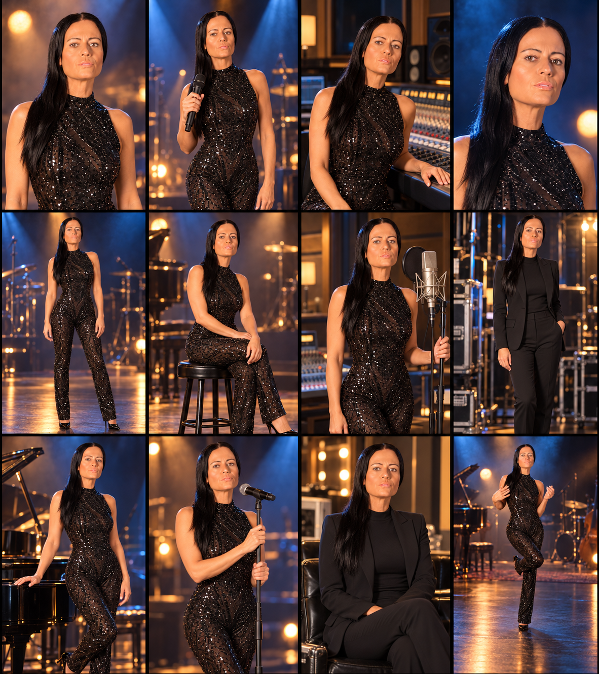 Twelve portraits of Katiuska on stage, in the recording studio, and backstage with cinematic blue and amber lighting